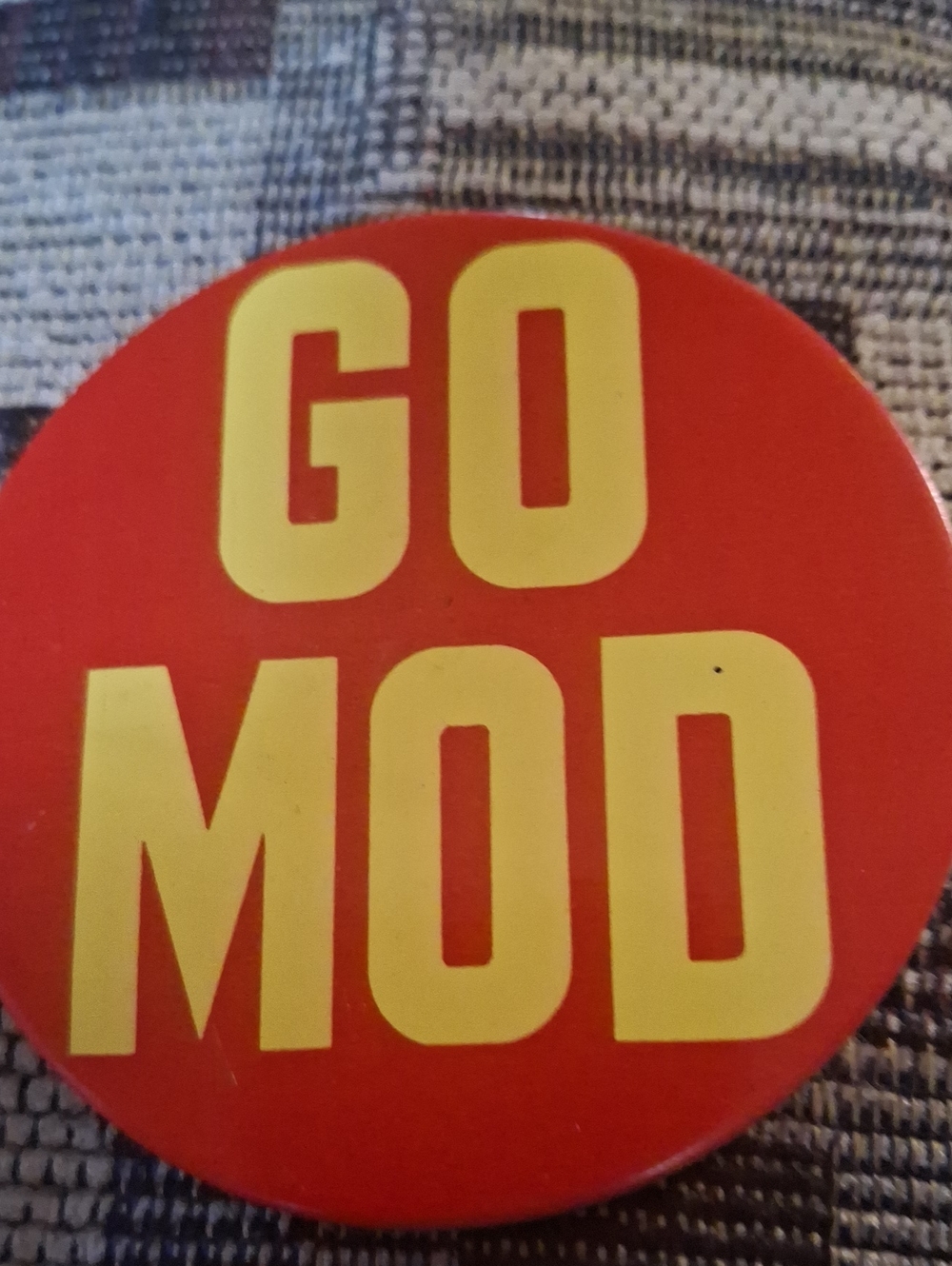 Red 'GO MOD' Graphic Brooch Pin Yellow Letters